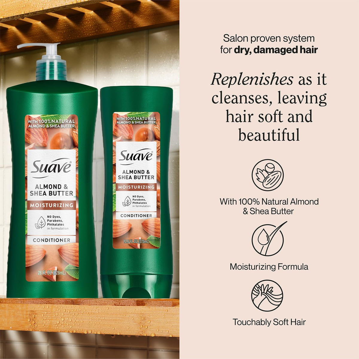 Suave Almond Shea Butter Moisturizing Conditioner 28oz pump provides lasting moisture.