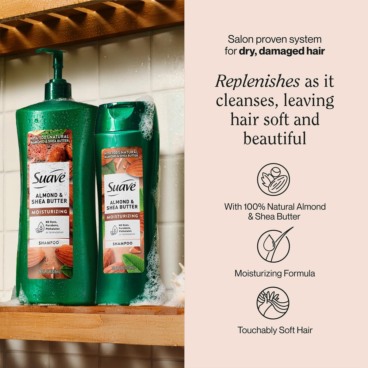 Suave Almond Shea Butter Moisturizing Shampoo pump bottle, 28 oz, ideal for long-term use.