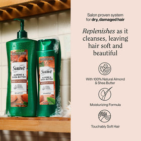 Suave Almond Shea Butter Moisturizing Shampoo pump bottle, 28 oz, ideal for long-term use.