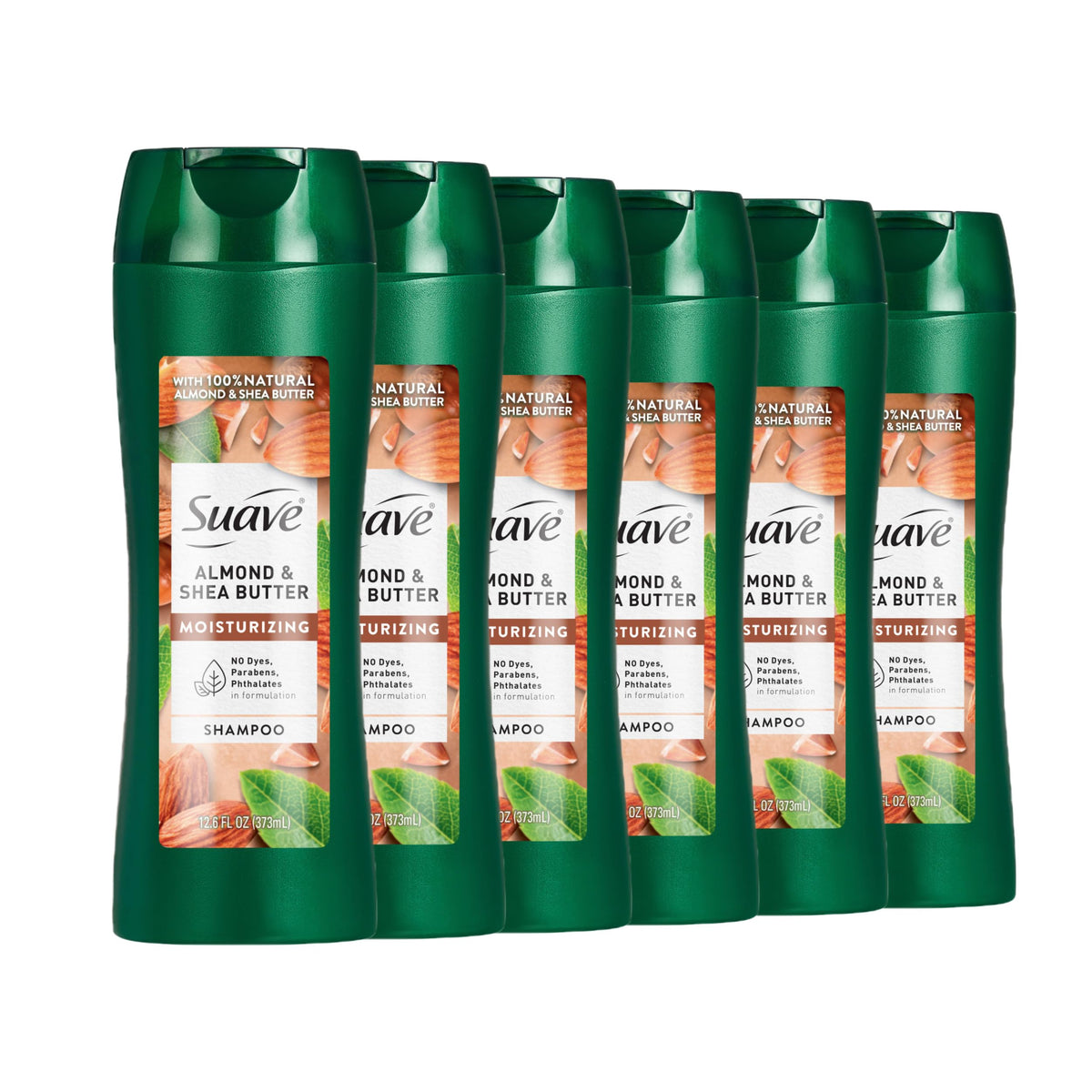 Suave Almond & Shea Butter shampoo bottle highlighting nourishing dry hair care.