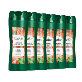 Suave Almond & Shea Butter shampoo bottle highlighting nourishing dry hair care.