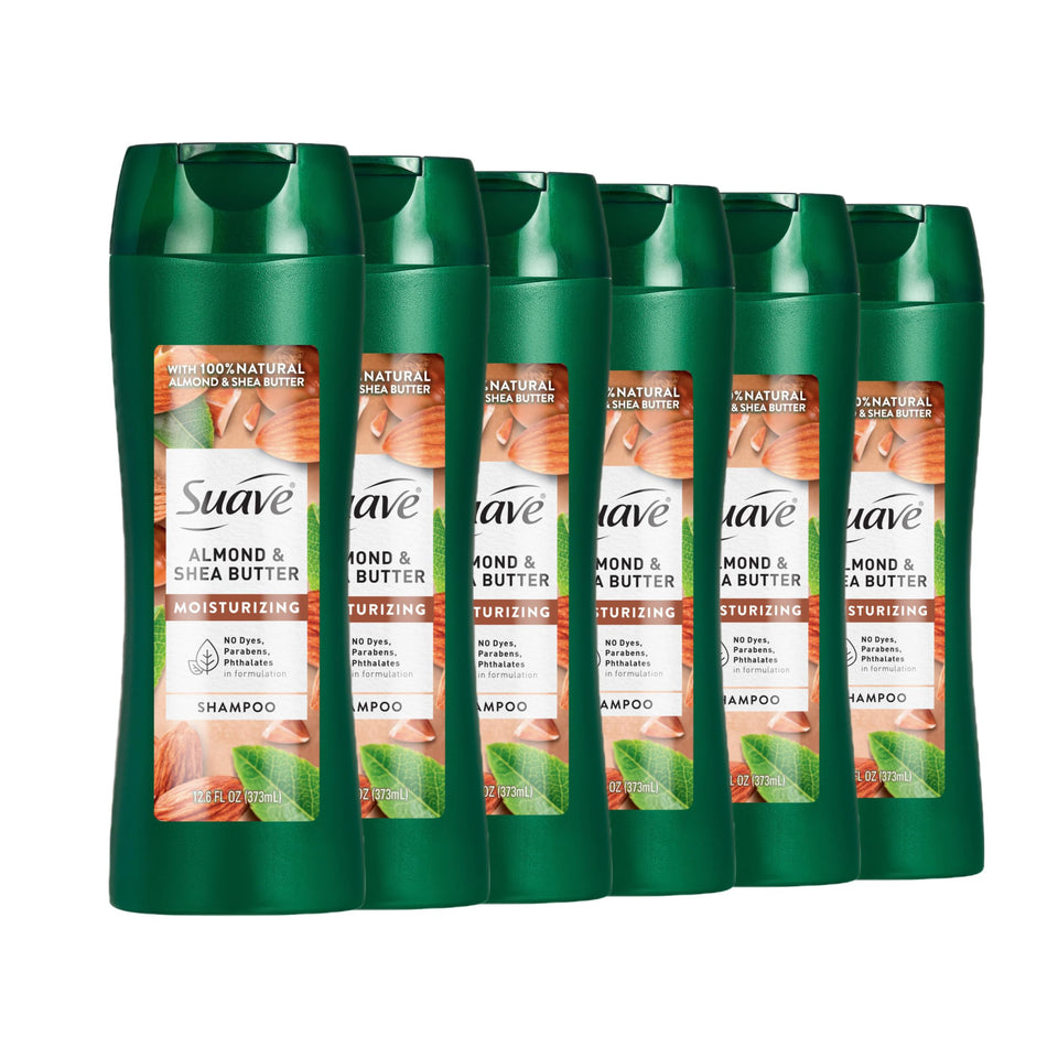 Suave Almond & Shea Butter shampoo bottle highlighting nourishing dry hair care.