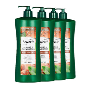Suave almond-shea shampoo bottle shows deep hydration for dry hair.