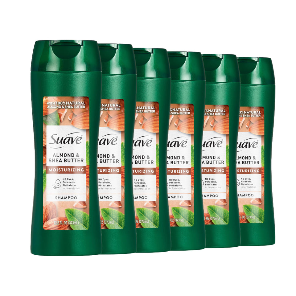 Suave Almond & Shea Butter Shampoo bottle highlighting nourishment for dry hair.