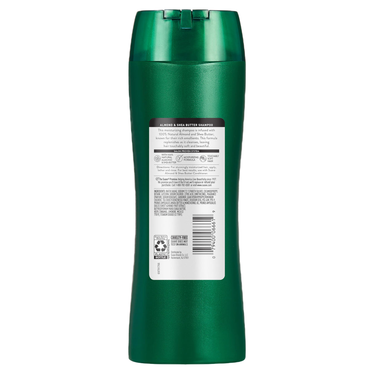 Suave Almond & Shea Butter Shampoo label close-up highlighting natural ingredients.