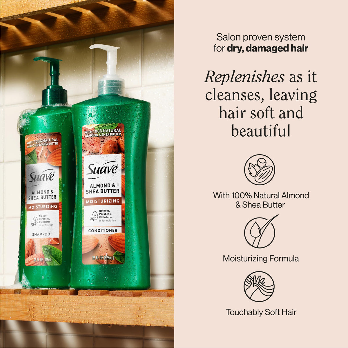 Suave almond-shea shampoo lather demonstrates rich moisture for nourished strands.