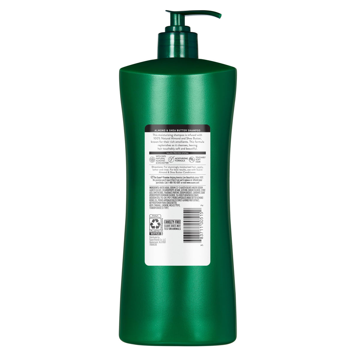Suave almond-shea shampoo packaging communicates cruelty-free, affordable care.