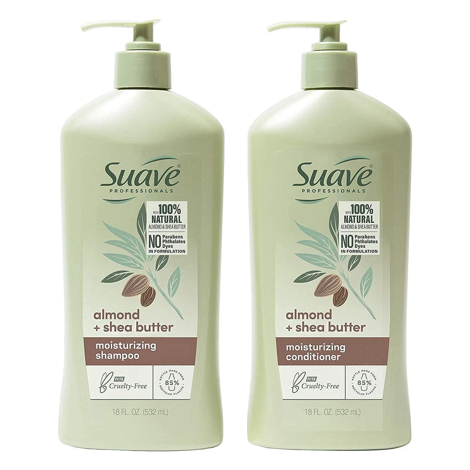 Suave Almond + Shea Butter shampoo bottle pour for smooth, nourished hair.