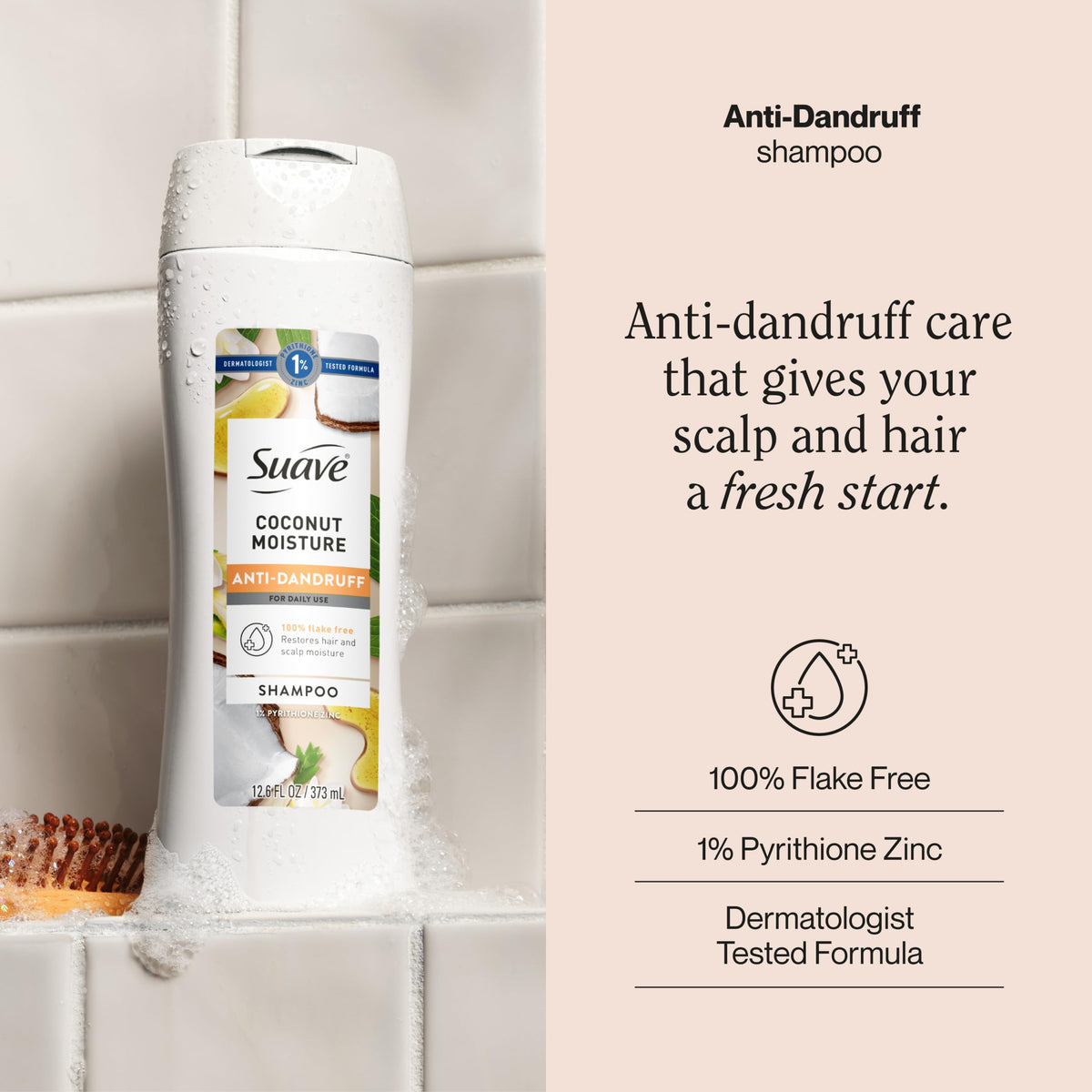 Suave anti-dandruff shampoo 1% Pyrithione Zinc bottle promotes flake reduction