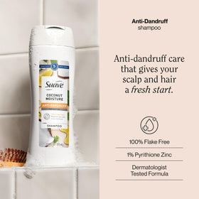 Suave anti-dandruff shampoo 1% Pyrithione Zinc bottle promotes flake reduction