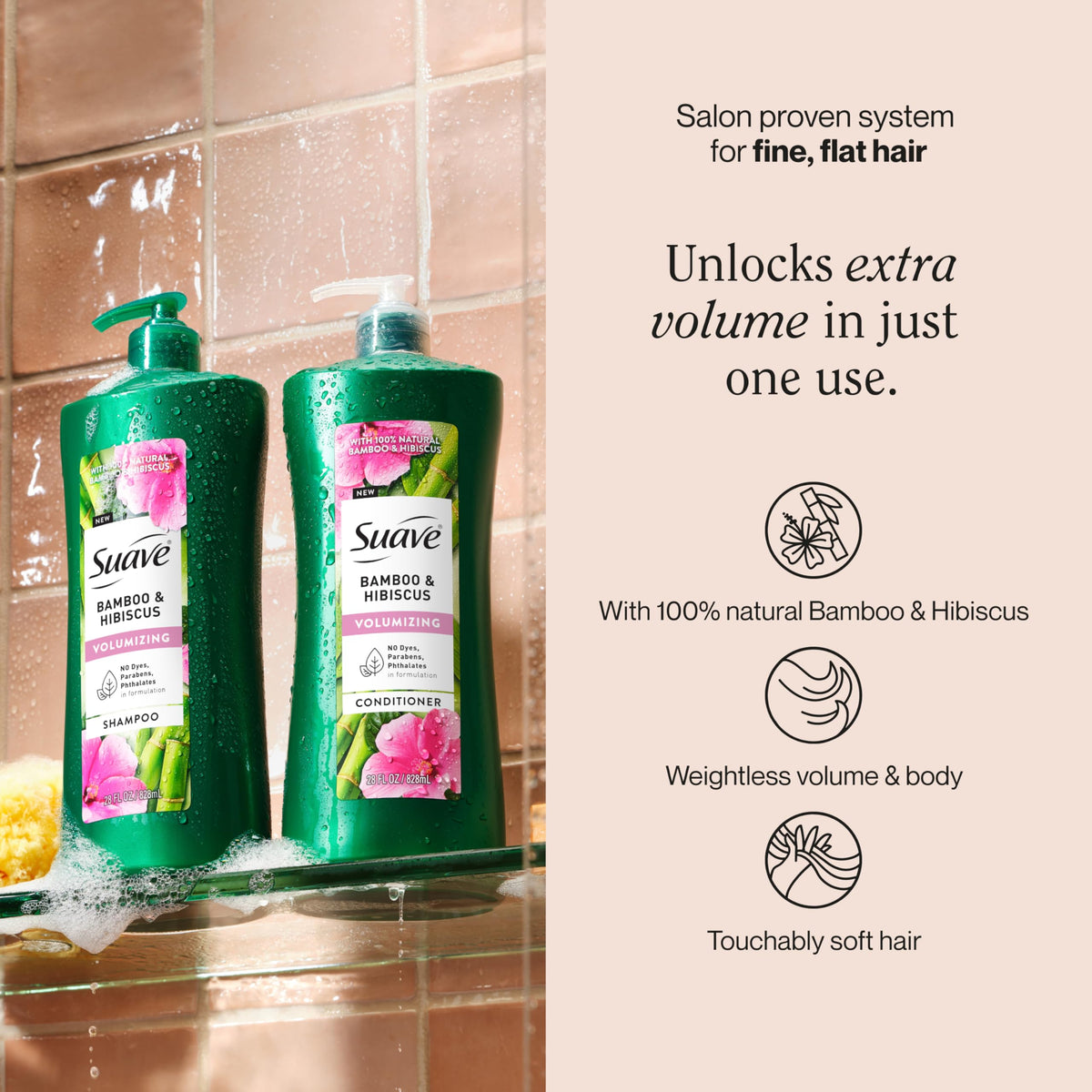 Shampoo bottle overview from Suave Bamboo & Hibiscus showing 28 oz size for daily use.