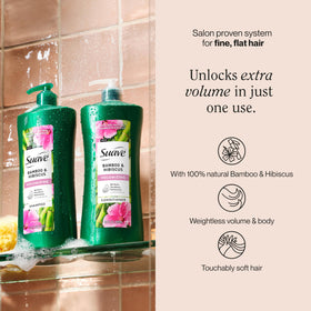 Shampoo bottle overview from Suave Bamboo & Hibiscus showing 28 oz size for daily use.
