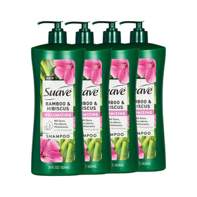 Suave Bamboo & Hibiscus Volumizing Shampoo bottle pour highlights instant weightless volume.