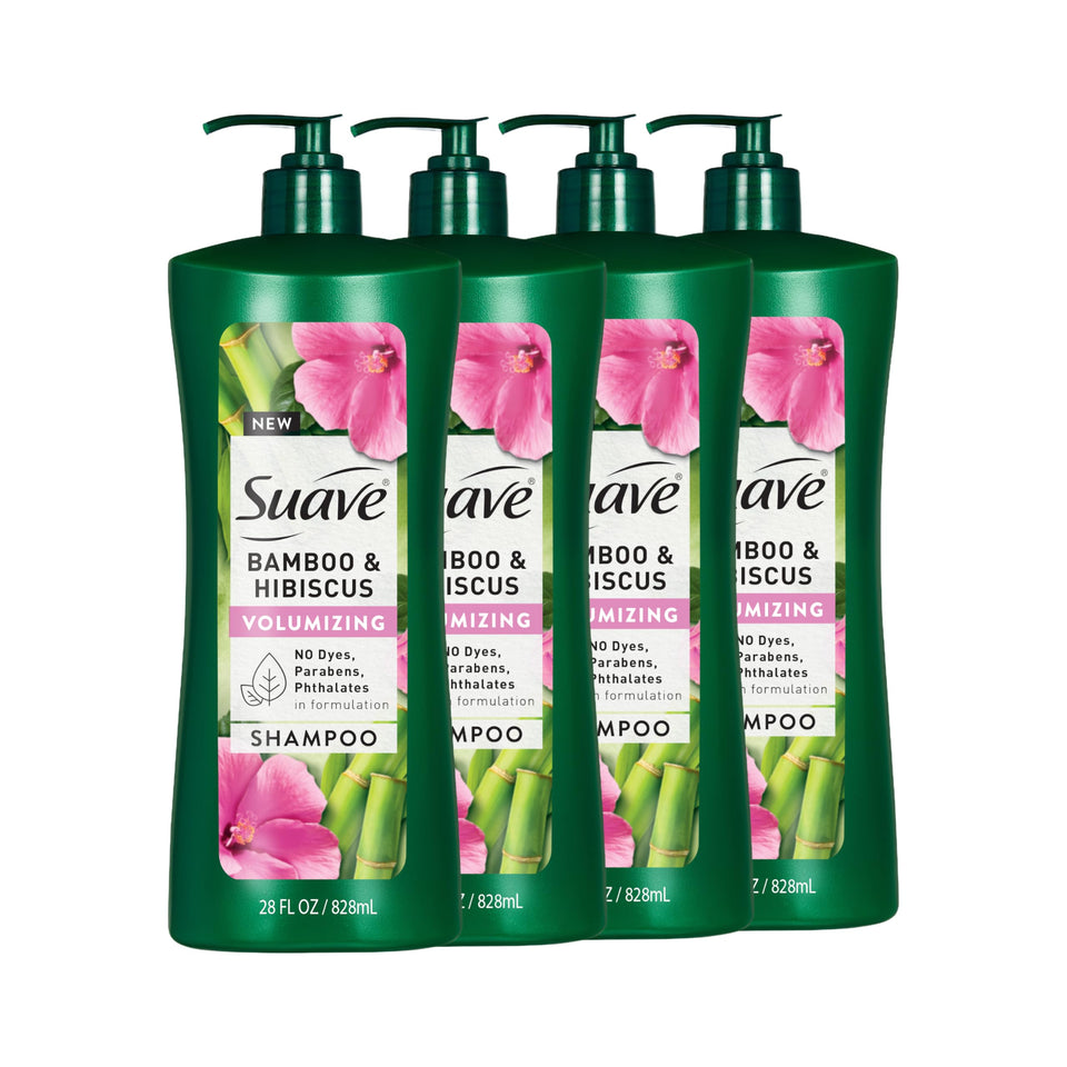 Suave Bamboo & Hibiscus Volumizing Shampoo bottle pour highlights instant weightless volume.
