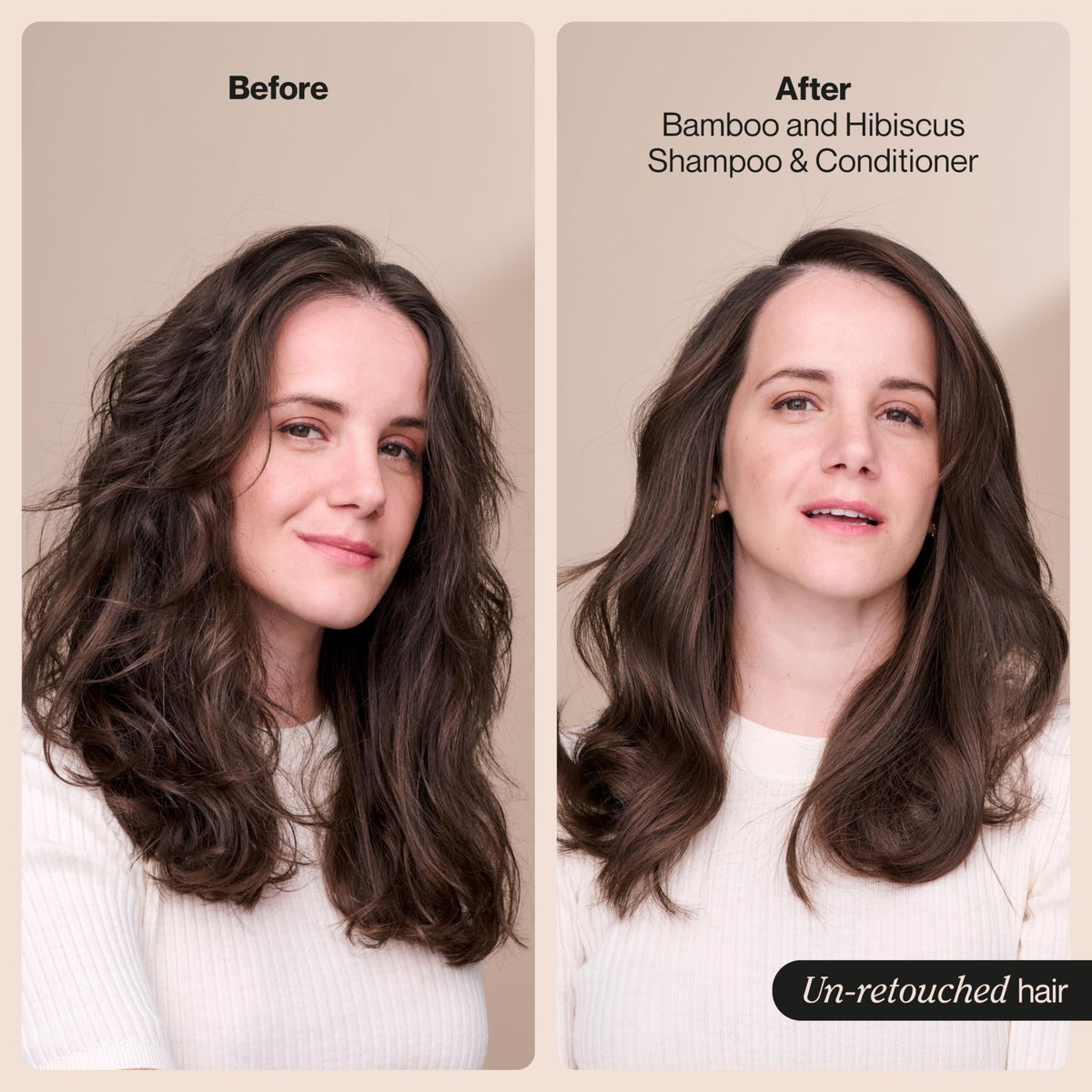 Shiny, full-bodied hair after wash using Suave Bamboo & Hibiscus volumizing shampoo.