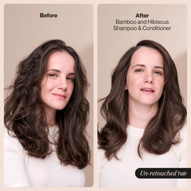 Shiny, full-bodied hair after wash using Suave Bamboo & Hibiscus volumizing shampoo.