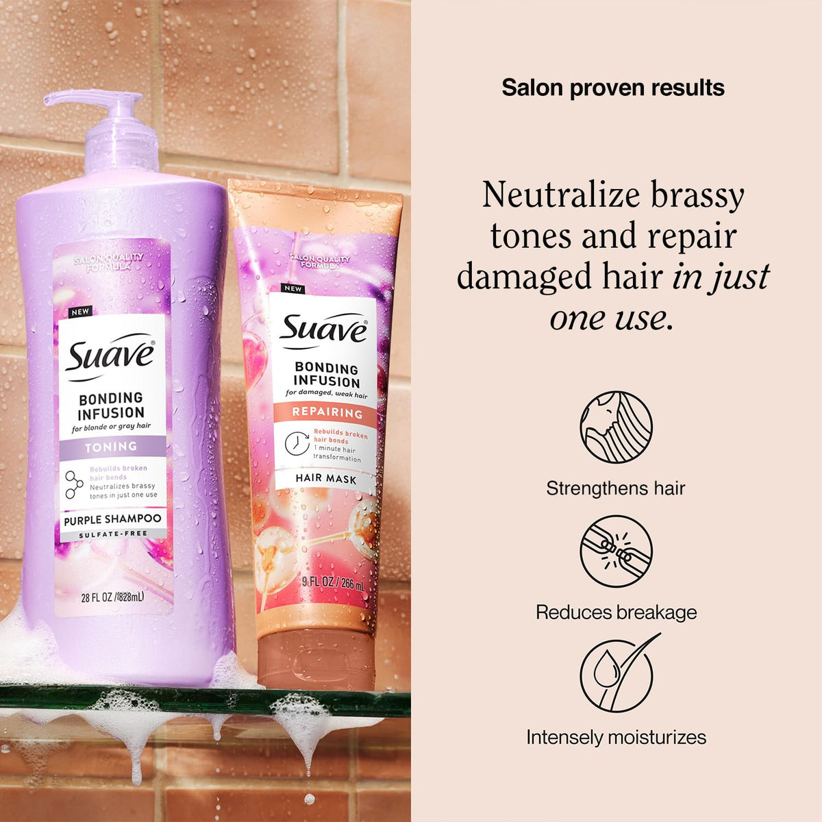 Suave Bonding Infusion Repairing Hair Mask 9 oz tube delivers quick, visible repair.