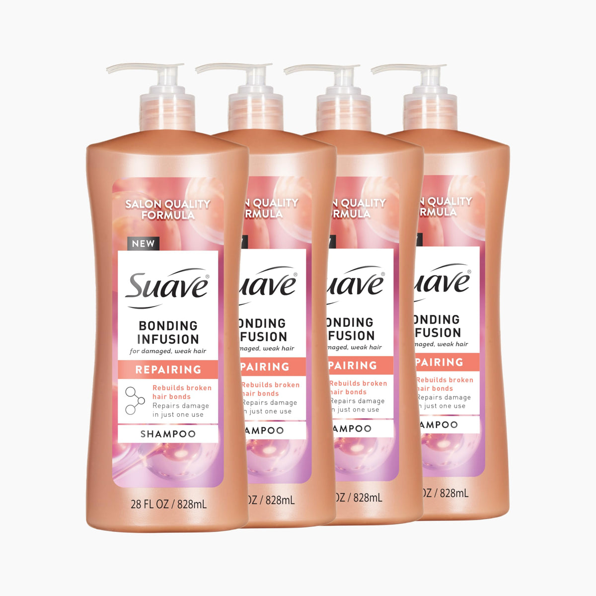 Suave Bonding Infusion Repairing Shampoo bottle with pump front shows bond repair potential.