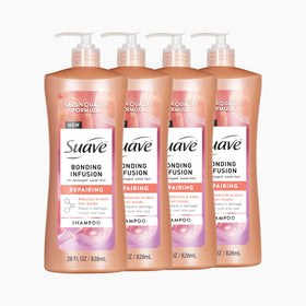 Suave Bonding Infusion Repairing Shampoo bottle with pump front shows bond repair potential.