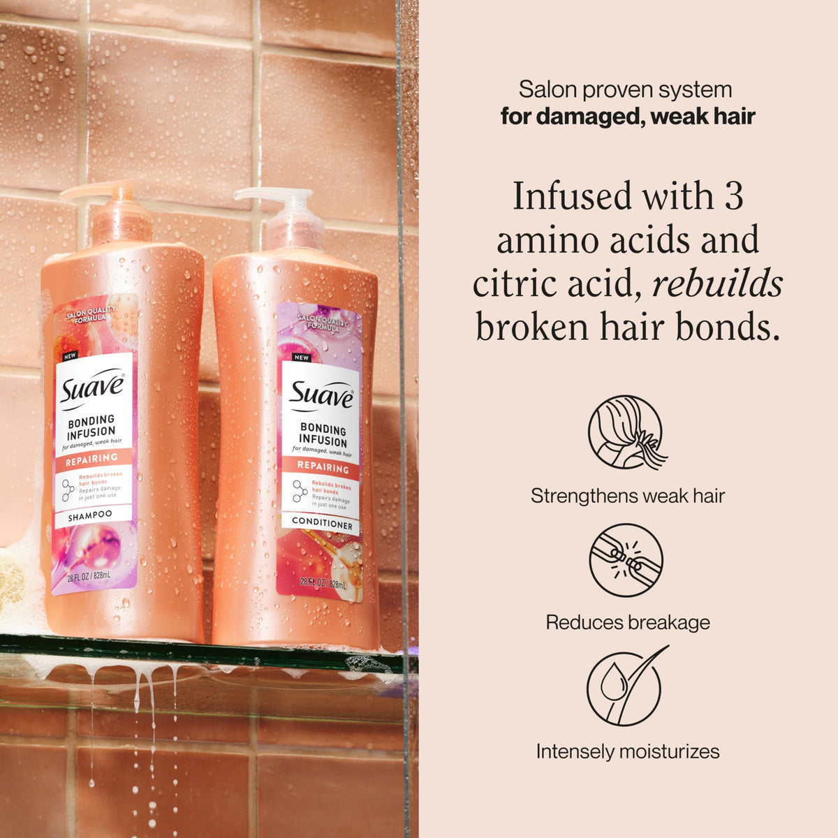 Suave Bonding Infusion Repairing Shampoo pump-top close-up highlights easy dispensing for daily use.