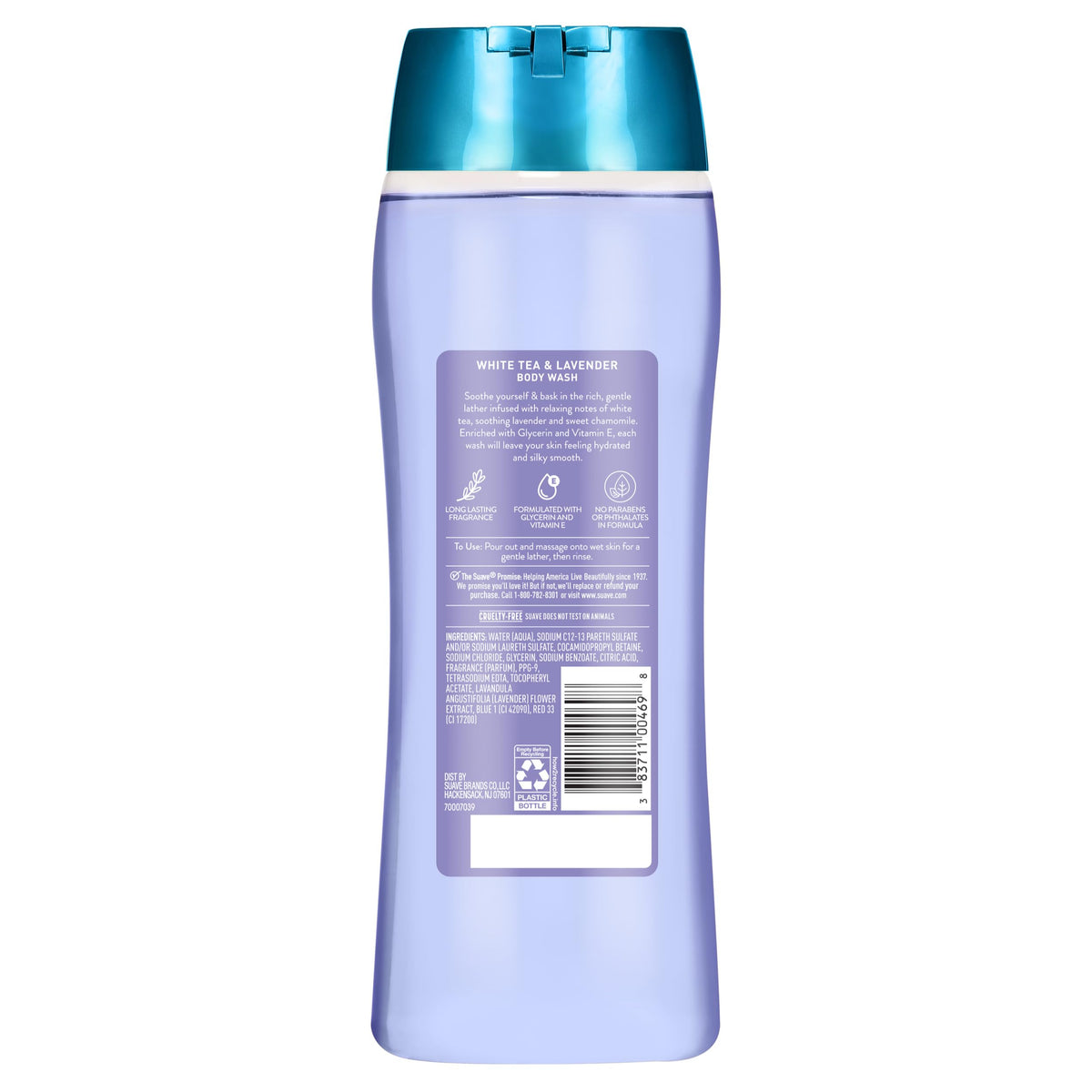 Suave bottle close-up demonstrates moisturizing lather after shower.