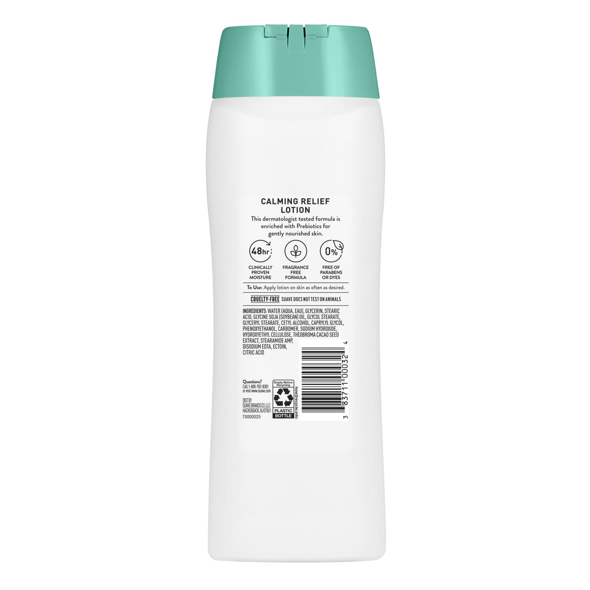 Packaging display of Suave Calming Relief Lotion 6-pack with cruelty-free branding.