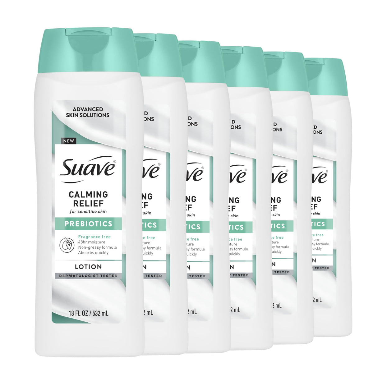 Suave Calming Relief Lotion bottle highlighting fragrance-free formula for sensitive skin.