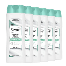 Suave Calming Relief Lotion bottle highlighting fragrance-free formula for sensitive skin.