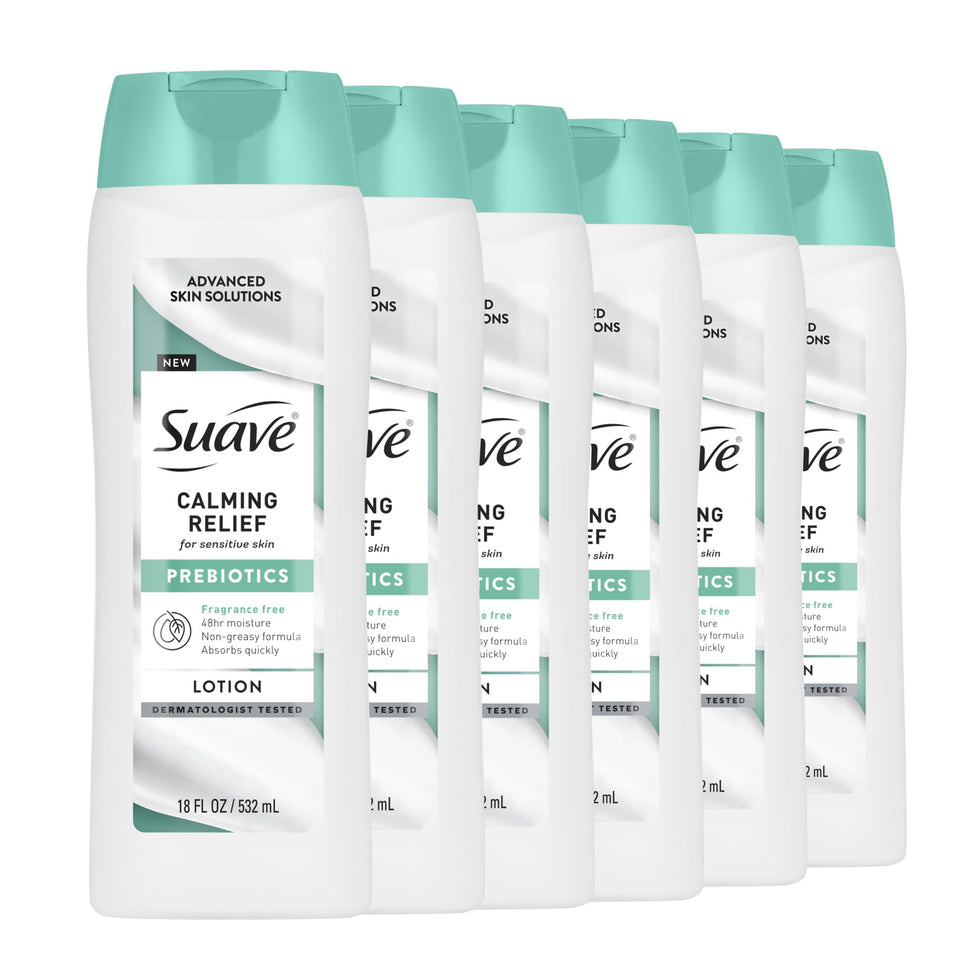 Suave Calming Relief Lotion bottle highlighting fragrance-free formula for sensitive skin.