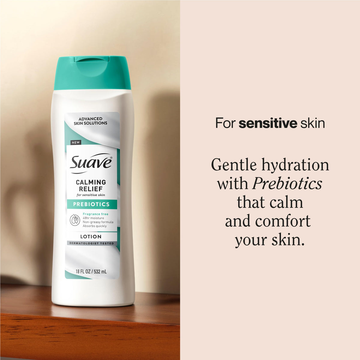 Cap closure on Suave lotion signaling secure, travel-friendly packaging.