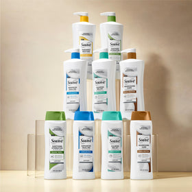 Daily-use concept featuring 18 oz bottle of Suave Calming Relief Lotion.