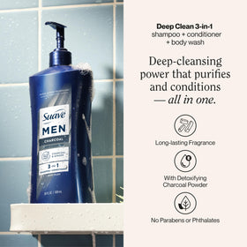 Suave charcoal formula graphic shows purifying power for oil and dirt removal.