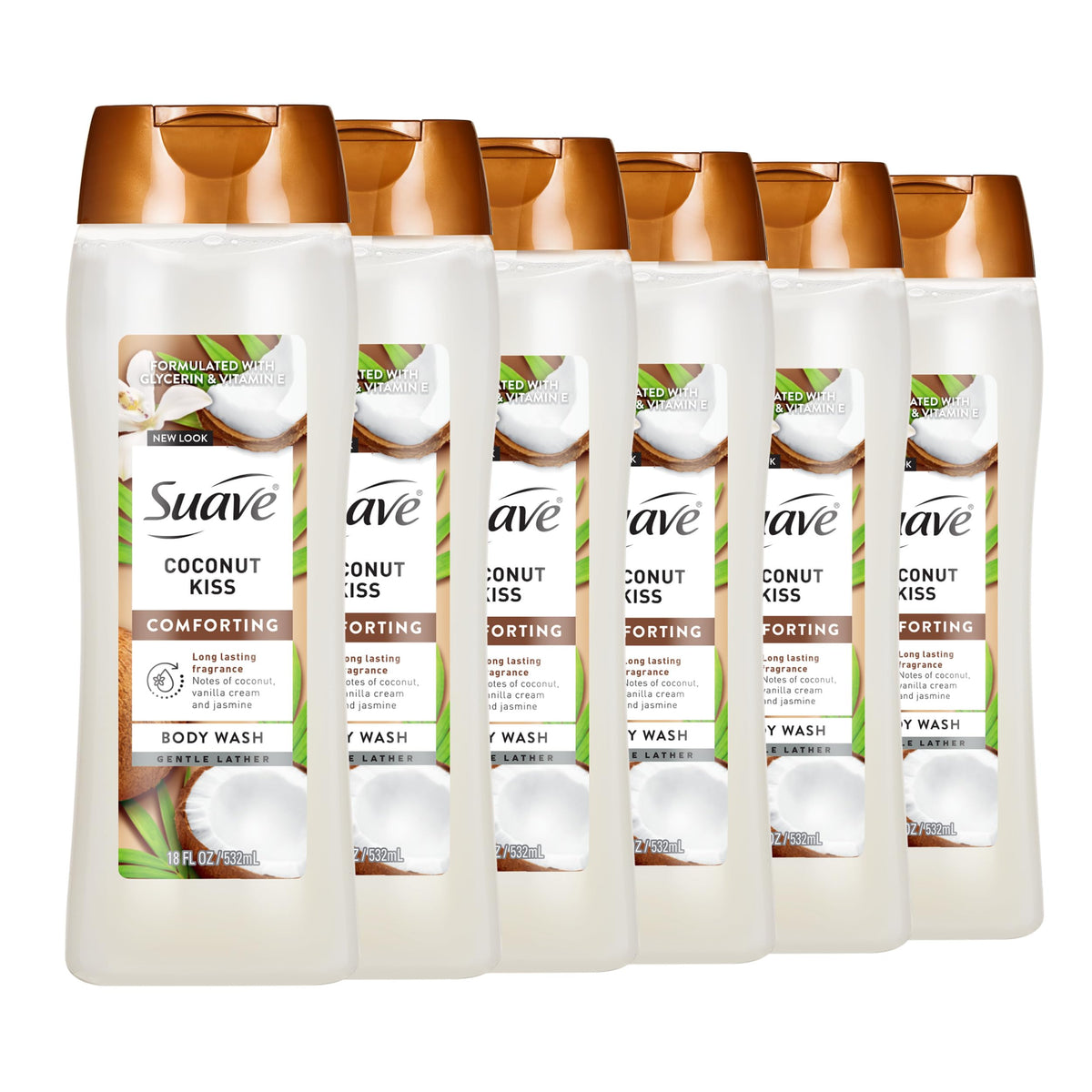 Suave Coconut Kiss body wash bottle highlights hydrating formula for soft skin.