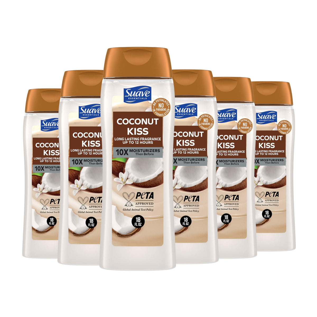 Suave Coconut Kiss body wash bottle with moisturizing formula and spa-like scent.