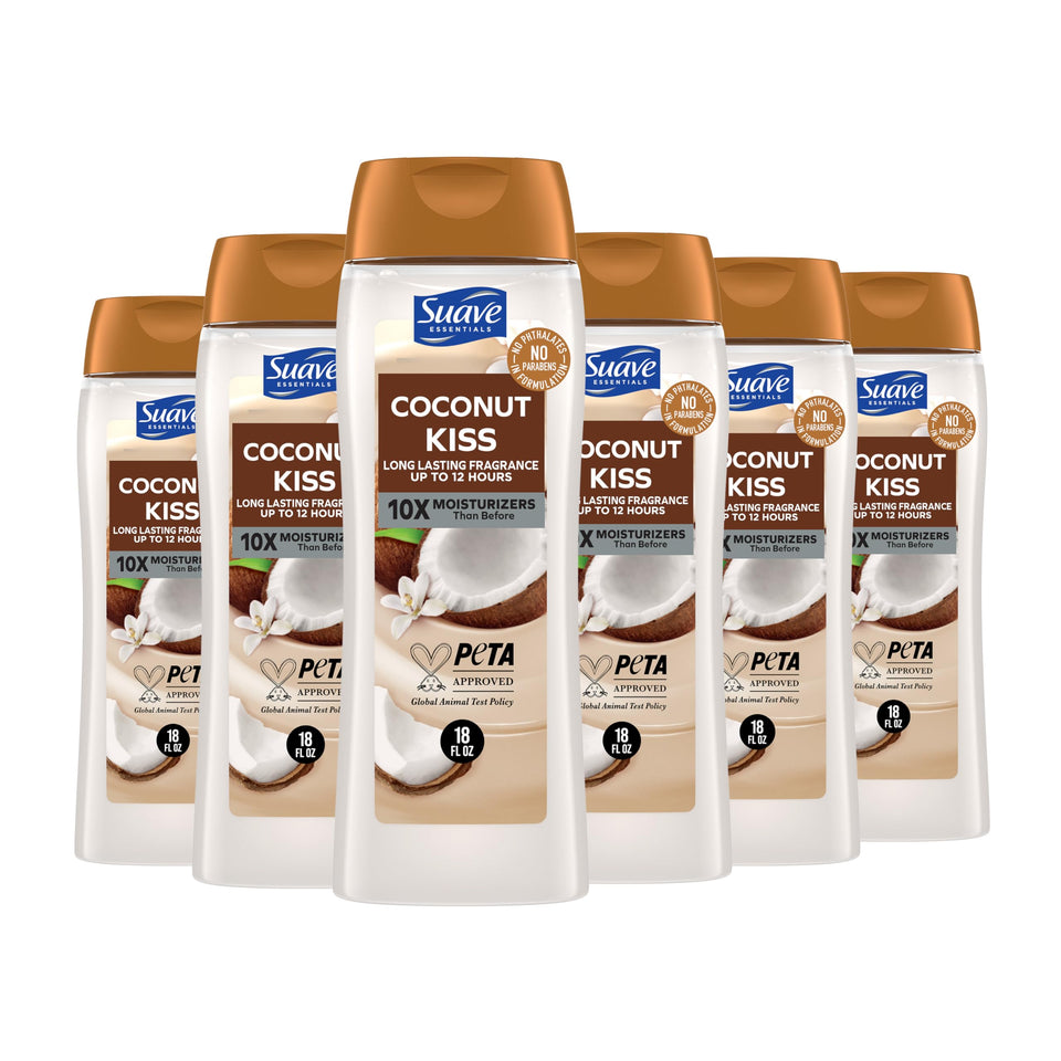 Suave Coconut Kiss body wash bottle with moisturizing formula and spa-like scent.