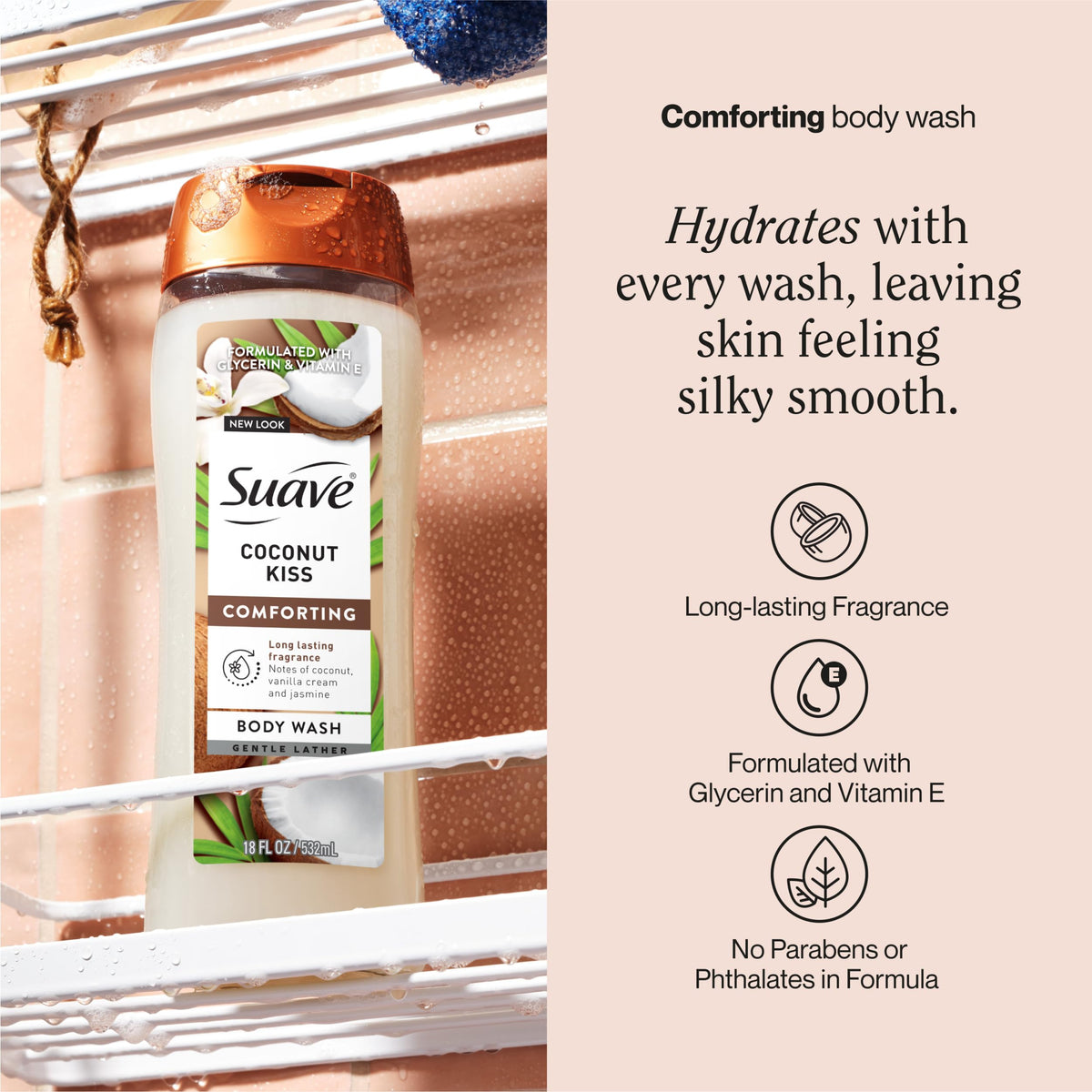 Suave Coconut Kiss foam lather emphasizes creamy cleansing for daily use.