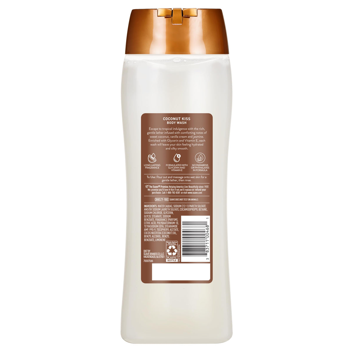 Suave Coconut Kiss bottle near shelf mentions paraben- and phthalate-free formula.