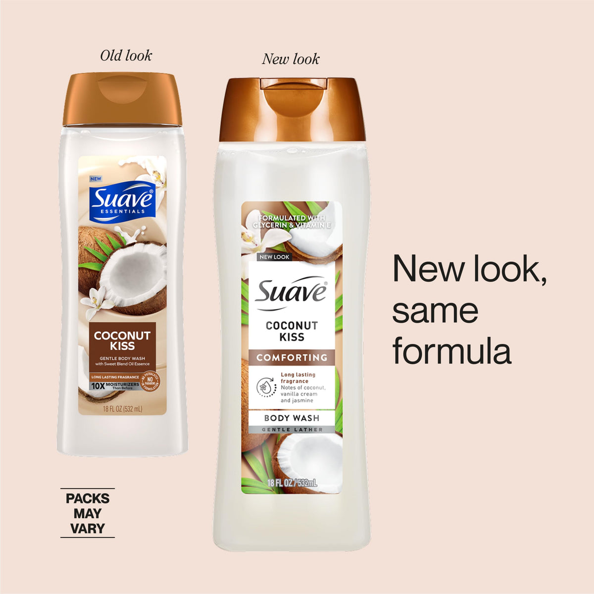 Suave Coconut Kiss family-pack carton signals value for the whole family.