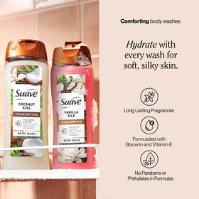 Suave Coconut Kiss bottle highlights tropical scent for a refreshing wash.