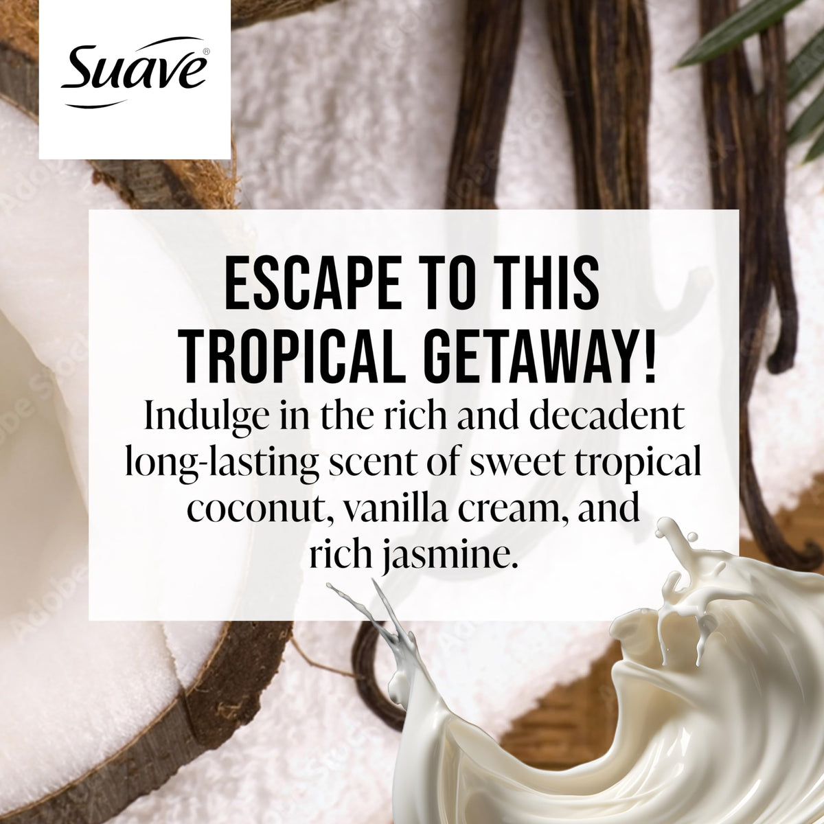 Suave Coconut Kiss foamy lather delivering gentle cleansing and hydration.