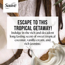 Suave Coconut Kiss foamy lather delivering gentle cleansing and hydration.