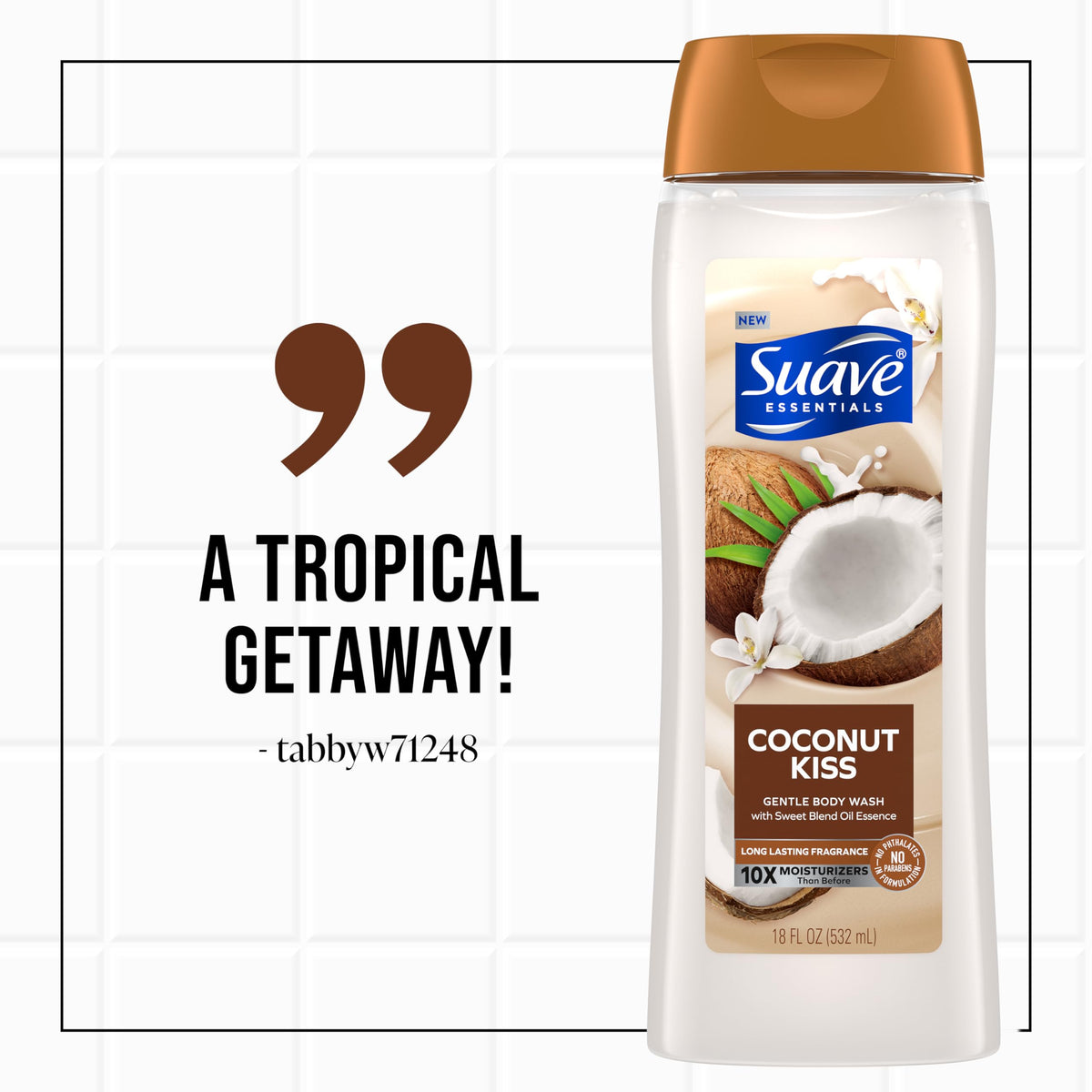 Suave Coconut Kiss offers long-lasting fragrance for a refreshing shower.