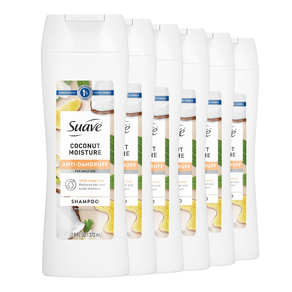 Suave Coconut Moisture shampoo bottle highlighting hydrating formula for daily use