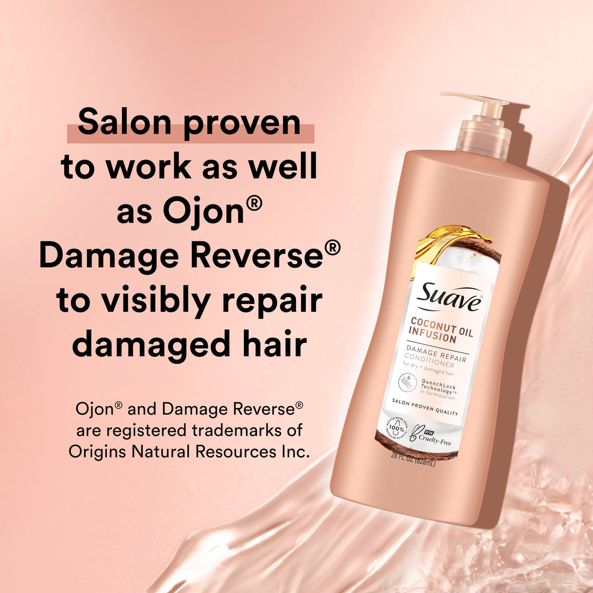 Suave Coconut Oil Damage Repair Conditioner on bathroom shelf for everyday routine