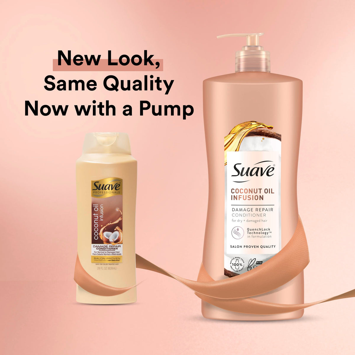 Suave Coconut Oil Damage Repair Conditioner pump demonstrates easy dispensing for daily care