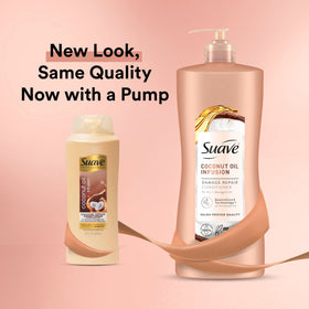 Suave Coconut Oil Damage Repair Conditioner pump demonstrates easy dispensing for daily care