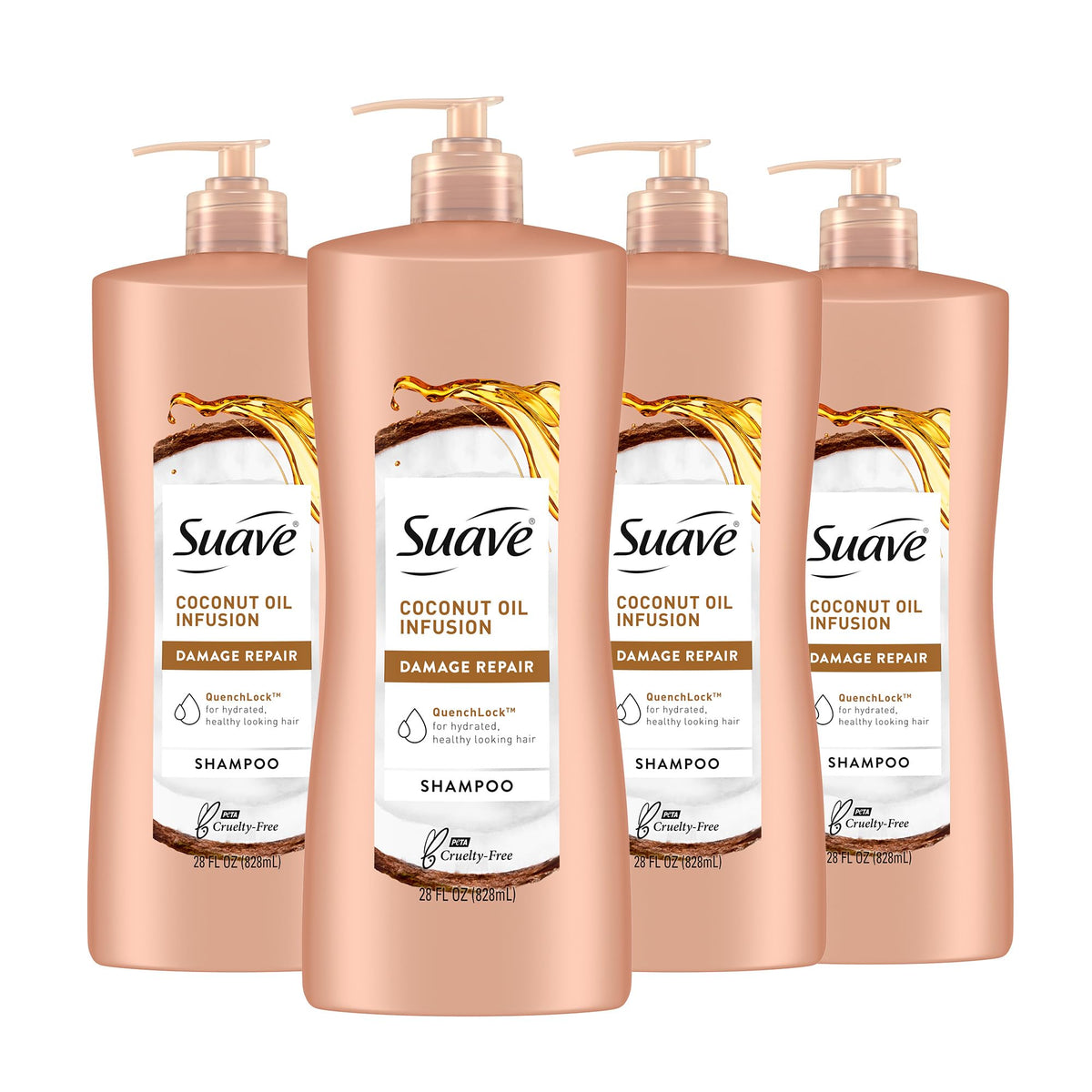 Suave Coconut Oil Damage Repair Shampoo bottle close-up highlighting coconut oil infusion for nourished hair