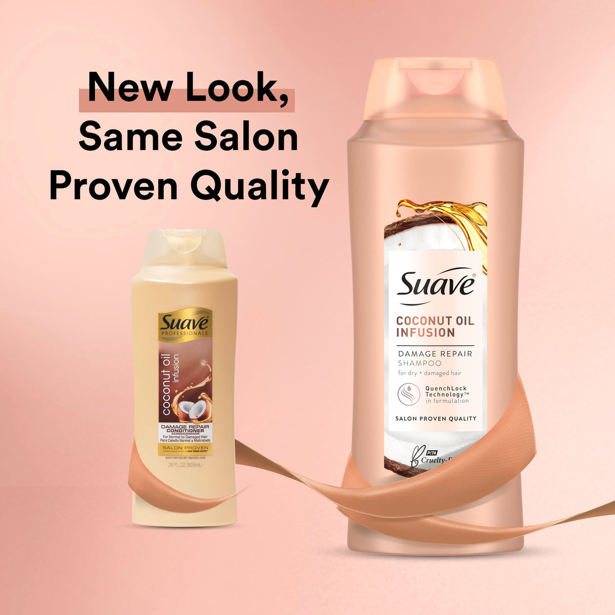 Suave Coconut Oil Damage Repair Shampoo label close-up emphasizing low sulfate formula