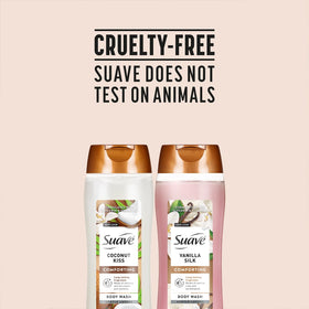 Suave cruelty-free badge signals an animal-friendly skincare choice.