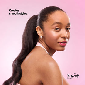 Curly hair-friendly Suave formula displayed for textured tresses